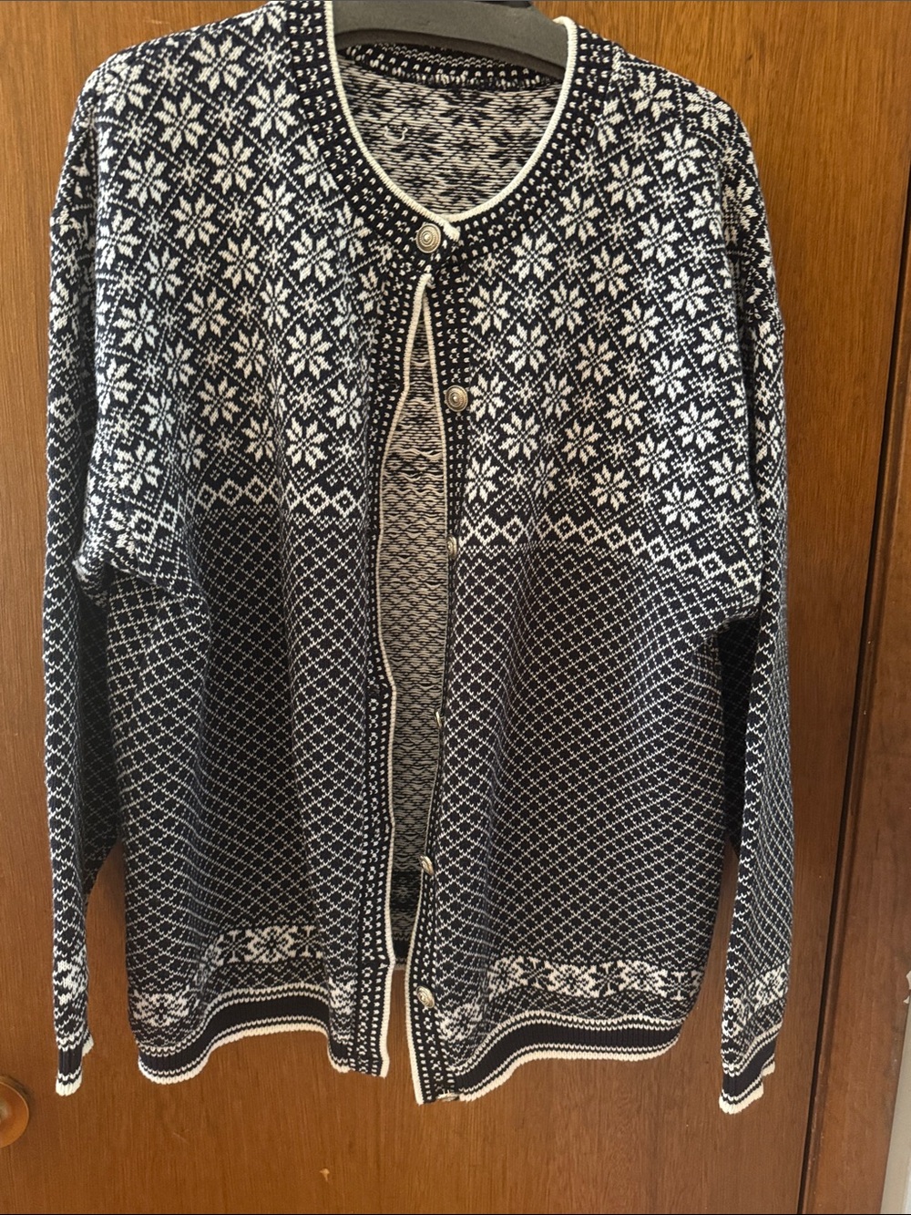 Black & White Nordic-Pattern Round-Neck Cardigan Sweater
